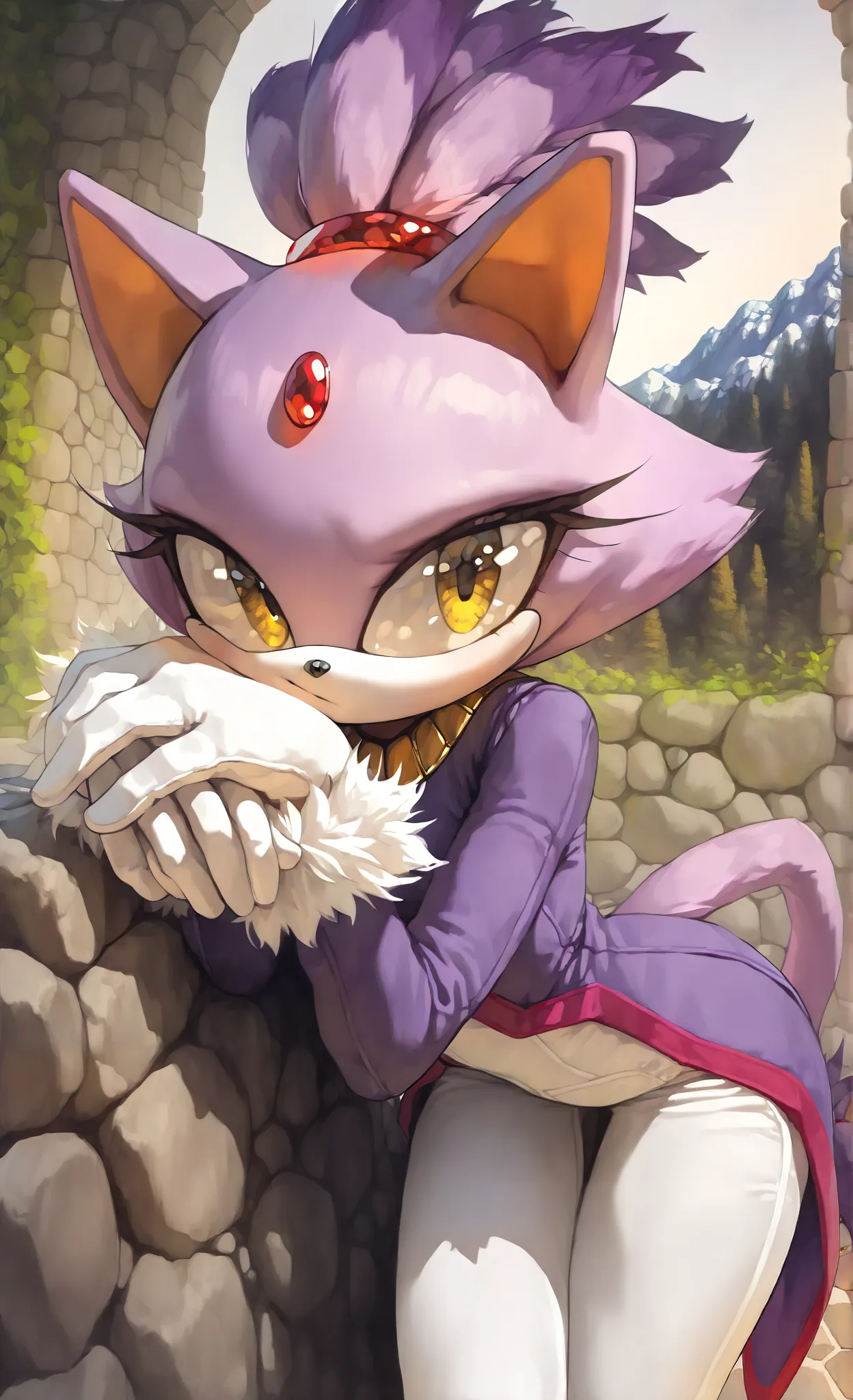 ((Blaze the cat)), ((masterpiece), ((High resolution)), ((solo portrait)), {(purple fur), (black nose), (cat ears), (cute yellow eyes), (red gem), (long tail), (ponytail), (calm look)}, {(purple tailcoat), (white leggings)}, {(leaning on stone wall), (chee...