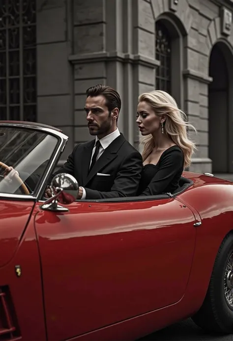 A stylish man and woman drive through a cityscape in a vintage Ferrari 250 GTO cabriolet. The man, dressed in a sharp black suit with a crisp white shirt, grips the steering wheel with confidence. Beside him, a glamorous blonde woman in an elegant black ev...