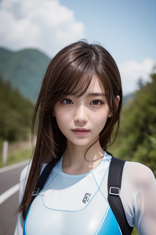    photos of attractive Japanese women sticking out,  one girl playing pranks,  perfect body ,  super detailed faces on a mountain road at night, Detailed lips,  beautiful eyes,  double eyelid, (Rashguard Swimwear), ( wetsuit ),  light brown hair,  Invalid...