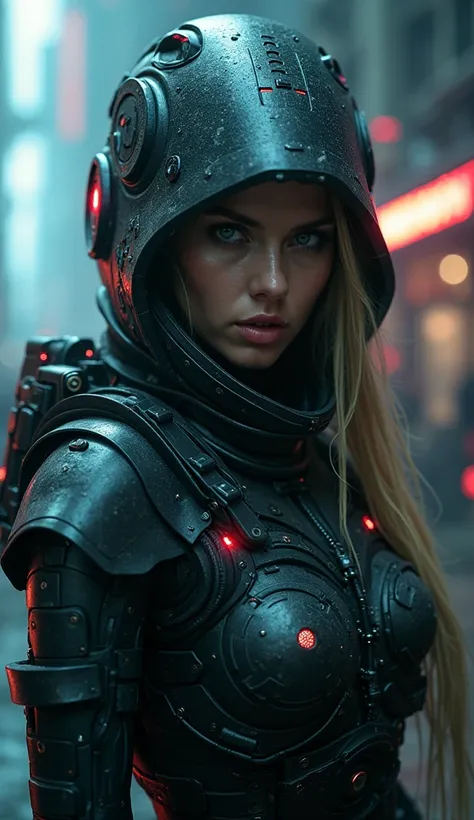 full body shot, low angle shot, (best quality,8K,highres,masterpiece:1.2), ultra-detailed, realistic, photorealistic:1.37, cyberpunk goddess of war, natalie dormer face, sexy and dangerous, sexy armor, deadly weapon, angry look, pointing target, majestic a...