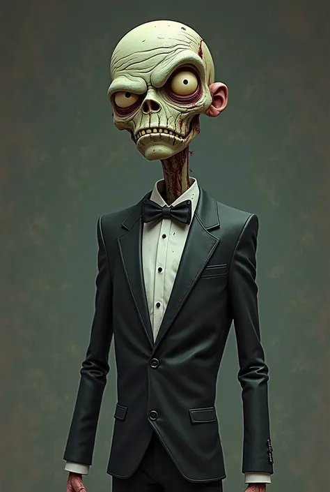 Zombies in a tuxedo ,  full body ,  is standing straight,  close-up, lines ,  in the style of Gorillaz cartoons.