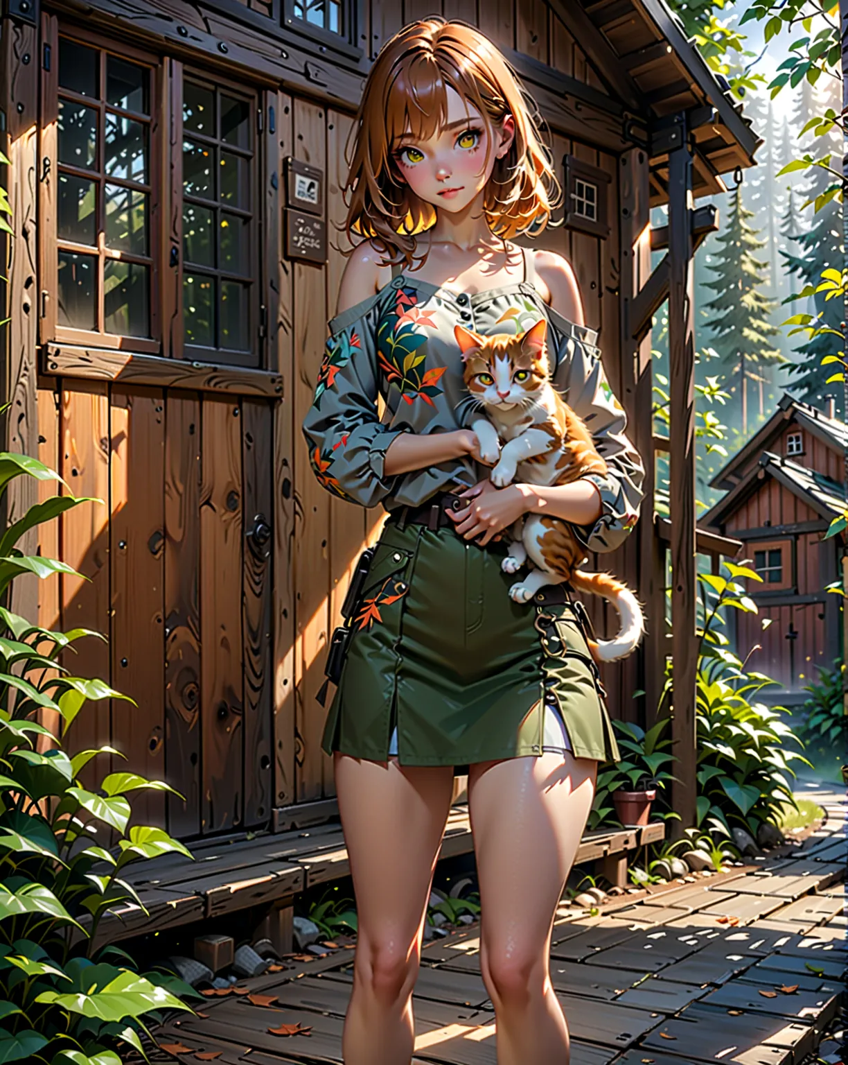 young woman,standing posed near wooden cabin, hugging a kitten, BREAK, {forehead, orange-brown hair, medium hair}, BREAK, (gray long sleeves blouse, leaves pattern on blouse, cut shoulders),  green-gray cargo pencil mini skirt, BREAK, (1girl, solo, full bo...