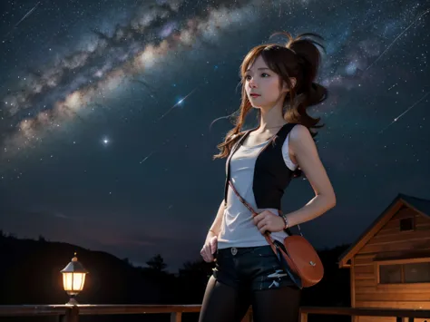 hilda,  elegant,  slim body,  small bust, hands to the chest, short,  pretty legs,  black tights , cabin,  Starry Sky, milky way, 