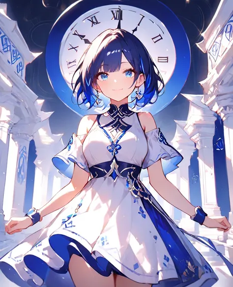 masterpiece, ultra high quality, vividcolor, 1girl , bright navy Hair, smile, feature large highlight、blue eyes 、from front, looking at viewer, standing, curvy, blue and white dress、((blue large clock background)), (corridor of white temple), full picture