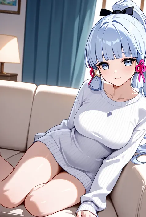 Genshin Impact , ayaka kamisato, 1 girl, Sweater, waist-length sweater, white sweater, bare legs, indoors, smile on face, wife, on the couch