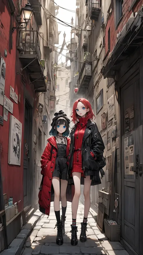  2D illustration、 high definition,    top quality with beautiful eyes,    Advanced Details ,  Tim Burton Style、  2 Girls,  street fashion 、Narrow Alley、