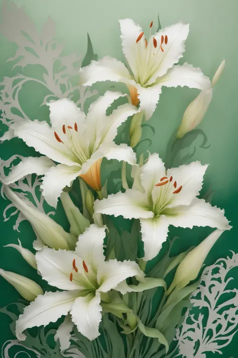  double contact ， An explosion of rainbow translucent lilies， realistic female body，Render by Octane，unreal-engine， Rococo paper cutting，Green and White Watercolor ，