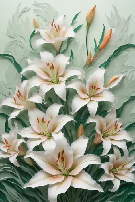  double contact ， An explosion of rainbow translucent lilies， realistic female body，Render by Octane，unreal-engine， Rococo paper cutting，Green and White Watercolor ，