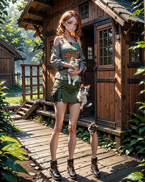 young woman,standing posed near wooden cabin, hugging a kitten, BREAK, {forehead, orange-brown hair, medium hair}, BREAK, (gray long sleeves blouse, leaves pattern on blouse, cut shoulders),  green-gray cargo pencil mini skirt, BREAK, (1girl, solo, full bo...