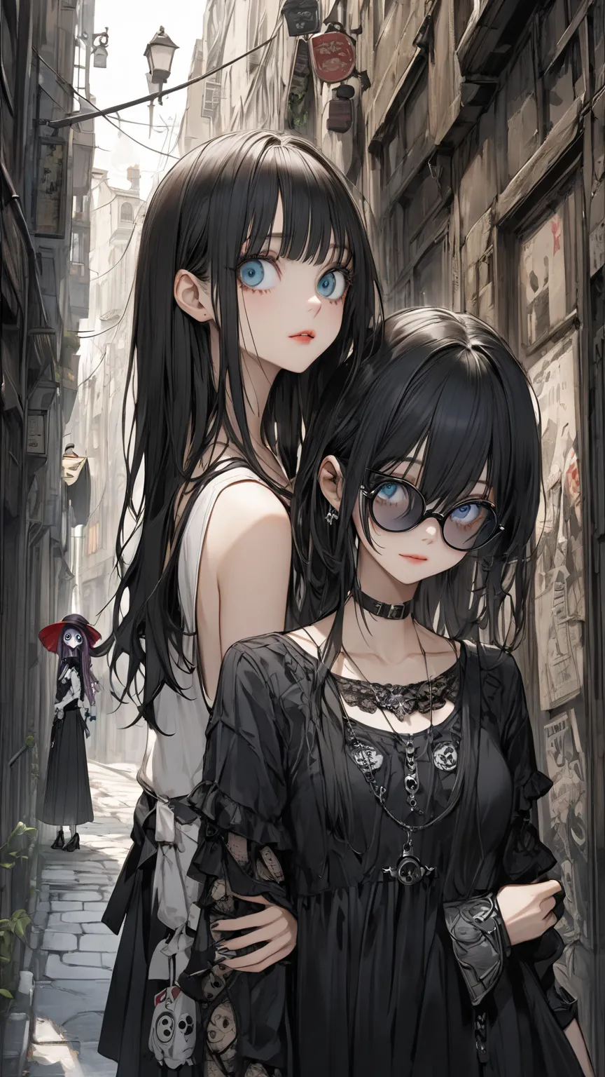  2D illustration、 high definition,    top quality with beautiful eyes,    Advanced Details ,  Tim Burton Style、  2 Girls,  street fashion 、Narrow Alley、 upper body、