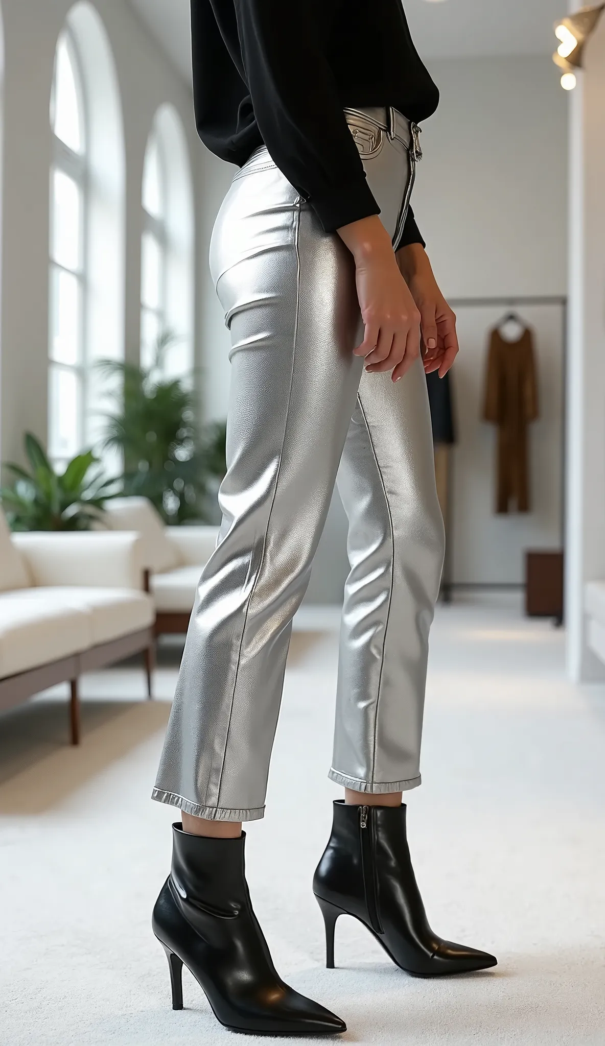 (((close up shot of shoes))), (((side view))), women's legs in (((metallic silver pants with a flared leg shape, straight waistband, and loose fit))), and (((black Leather ankle boots with pointed toes and low stiletto heels))), ( standing upright at the c...