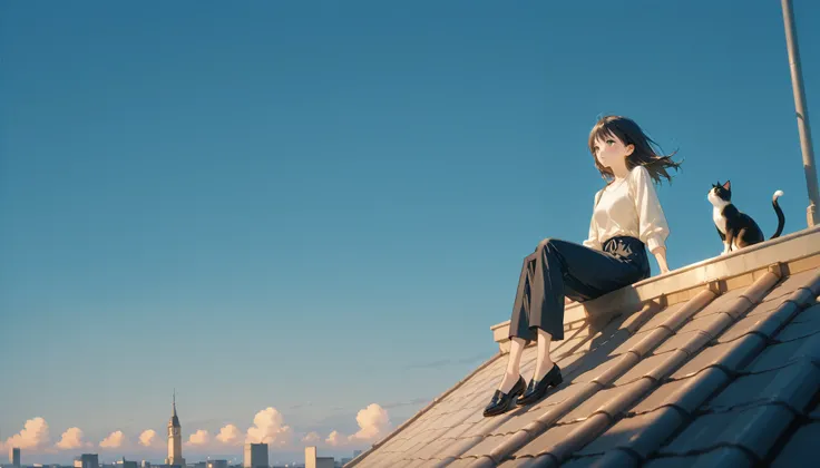 a girl in casual clothes sitting on a rooftop along with a cat, looking at the sky, highly detailed, 8K resolution