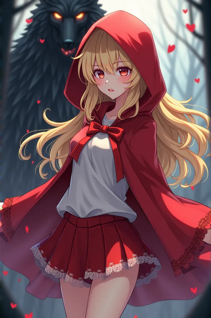 Anime cute girl, sexy girl, gold hair, red hood, white shirt, red short skirt, shadow wolf, เคียวใหญ่