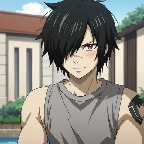 score_9, score_8_up, score_7_up, intricate details, anime screencap, depth of field, 1boy, solo, male focus, rogue_cheney, black hair, red eyes,, hair over one eye, scar, ((black men's shorts, sleeveless t-shirt, closed mouth smile, blush)) in aquatic park...