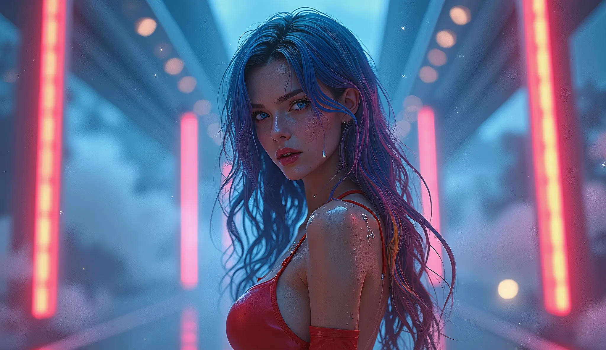  Masterpiece,  best quality,  1girl , ives, Mecha,  beautiful lighting, (Neon light: 1.2), (night: 1.5), " Masterpiece,  best quality, 1 girl,  Full body portrait, pose sensual,  blue eyes, multicolored hair +Talk:1.3+ red:1.2+purple+yellow:1.3+green:1.3, ...