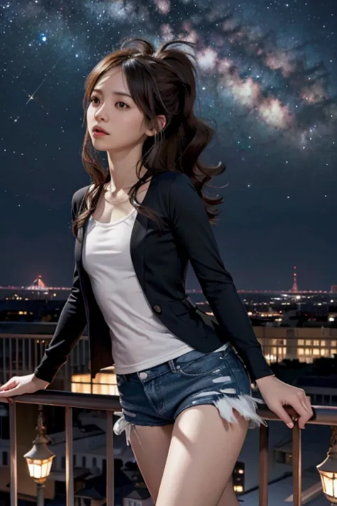 hilda,  slim body,  small bust, long sleeve blouse, black blouse, short,  pretty legs, balcony,  Starry Sky, milky way, 