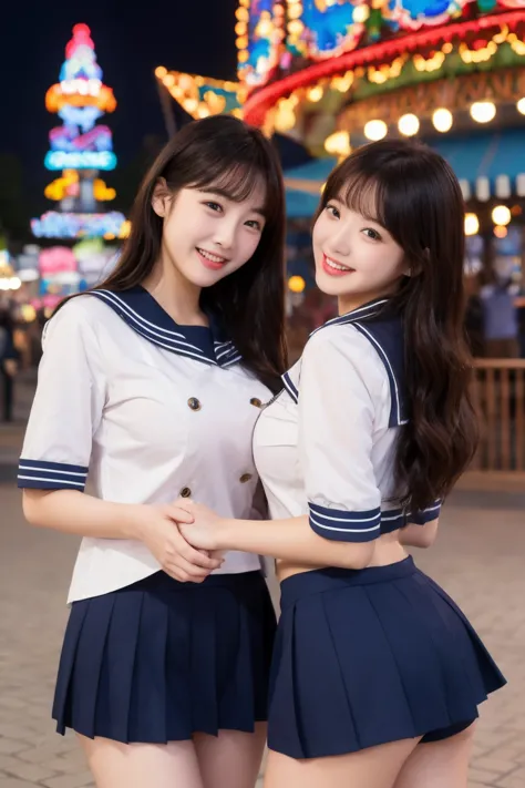    2 girls、  navy blue sailor suit   、 Big Breasts,  big breasted、 、smile、  miniskirt、 Amusement Park、Good friends、night、 holding hands