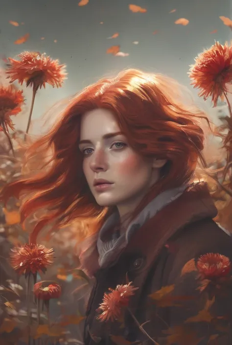 ((melancholic woman standing in an autumn garden, surrounded by withered chrysanthemums, her red hair gently blowing in the wind)), ((soft moonlight illuminating her sorrowful face, silent tears glistening on her cheeks)), ((faded flowers and fallen petals...