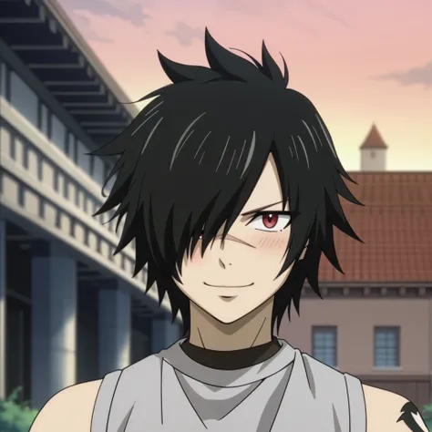 score_9, score_8_up, score_7_up, intricate details, anime screencap, depth of field, 1boy, solo, male focus, rogue_cheney, black hair, red eyes,, hair over one eye, scar, ((black men's shorts, sleeveless t-shirt, closed mouth smile, blush)) in aquatic park...
