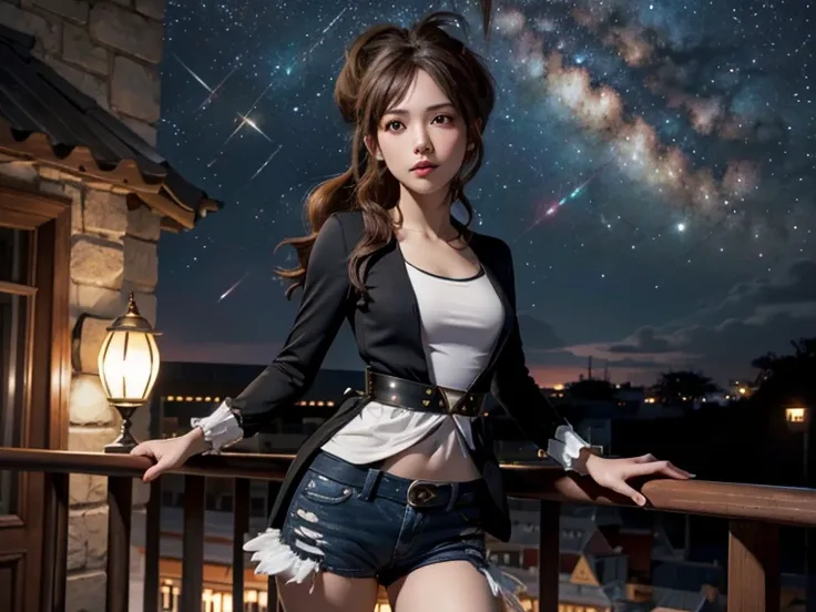 hilda, brasier,  slim body,  small bust, long sleeve blouse, black blouse, short,  pretty legs, balcony,  Starry Sky, milky way, 