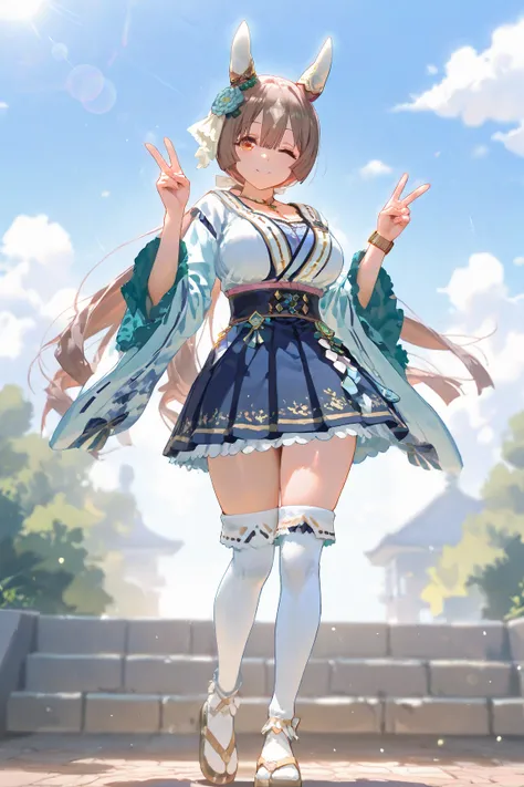   masterpiece,  best quality, Satono Diamond  \(Uma Musume\),  1 girl,  Green Ruffle White Thigh Socks,  horse ears,  full body,  Mahogany,  watch viewers, green sandals ,  wide sleeve , Zettai Ryoichi , clavicle,   low ponytail,  blue kimono skirt , white...