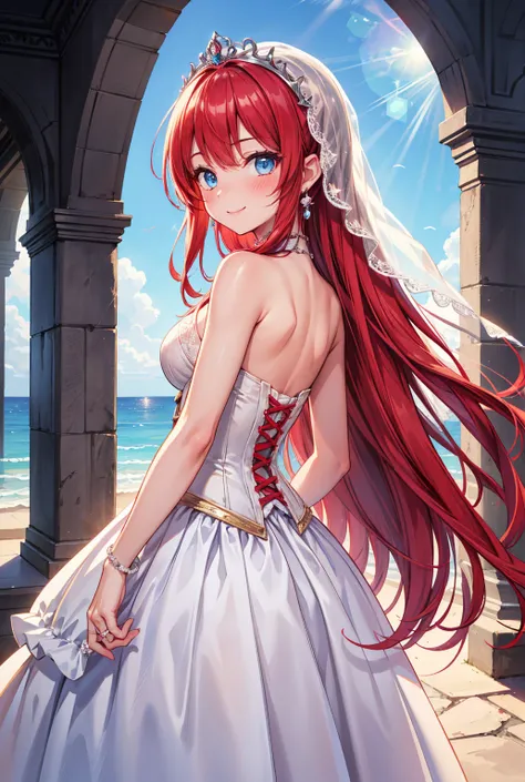 1girl, Red Hair, Looking at viewer, Solo, Blue eyes, Very Long Hair, Jewelry, Backlighting, Masterpiece, Anatomically Correct, Best Quality, Smile, Blush, Tiara, veil, Lens Flare, Illustration, Anime, wedding, ocean behind, castle courtyard, princess, whit...