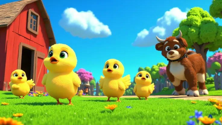 A 3D rendering of a whimsical farmyard on a bright and sunny cheerful day. The sky is a brilliant blue, decorated with soft fluffy clouds. Five adorable, fluffy yellow chicks with tiny wings and bright round eyes happily waddle away from a vibrant red barn...