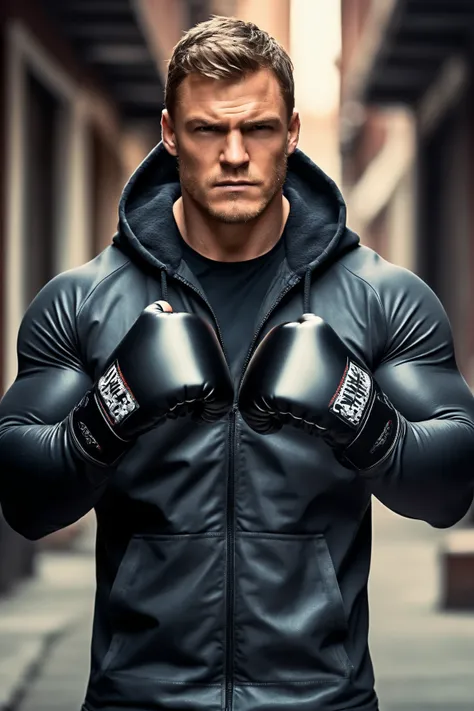 cinematic photo ((ohwx man)) , smooth soft skin, soft lighting, detailed face, male focus, concept art, digital painting, wearing a black camo-pattern latex hoodie, as an angry vigilante, muscled, wearing MMA gloves, fighting stance, looking angry,   . 35m...