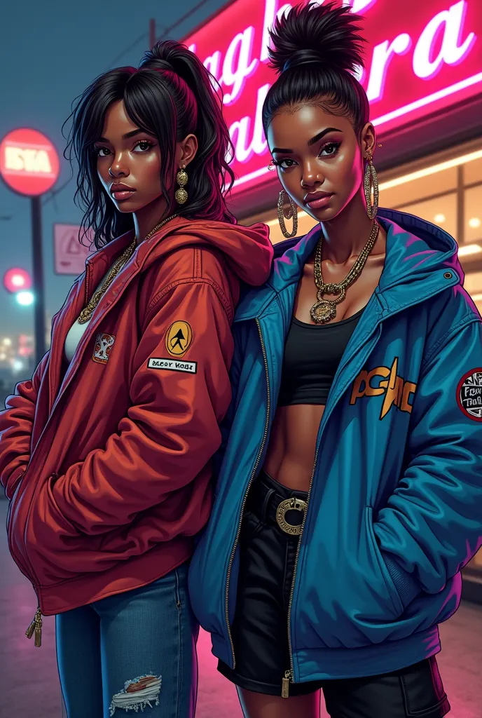 2 femmes,  affiche indiquant Lorene et Ava, Affiche de style GTA, fast food, females rappers