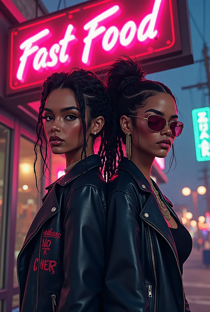 2 femmes,  affiche indiquant Lorene et Ava, Affiche de style GTA, fast food, females rappers