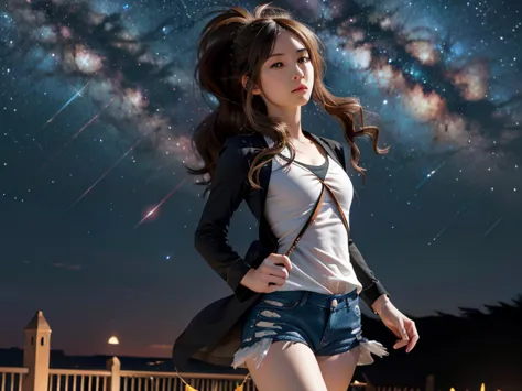 hilda, brasier,  slim body,  small bust,  long sleeve blouse, black blouse, short,  pretty legs, Hands to Heaven,  Starry Sky, milky way, 