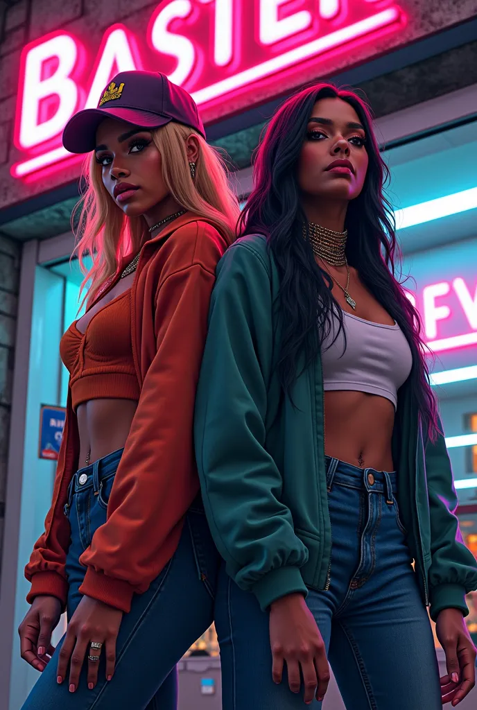 2 femmes,  affiche indiquant Lorene et Ava, Affiche de style GTA, fast food, females rappers