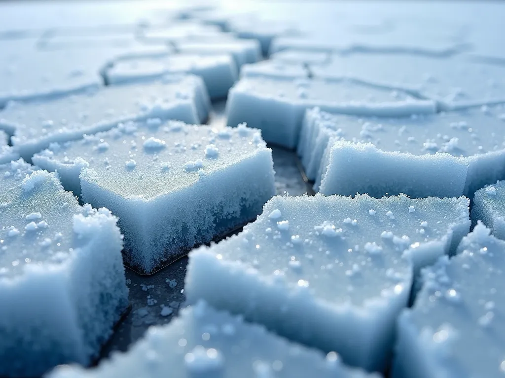 A highly detailed close-up of cracked ice and frozen ground, revealing deep fissures, frosty textures, and delicate crystalline formations. The cold, rugged surface creates a stunning winter aesthetic.