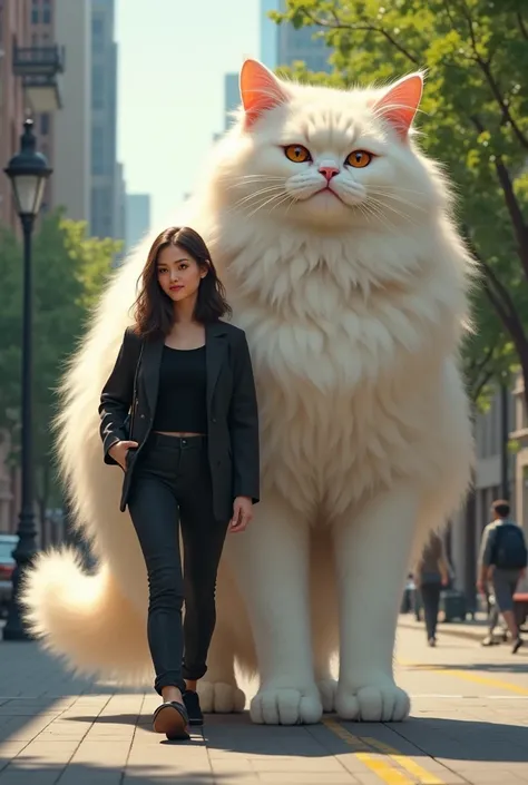 A woman dressed in black casual and walking along with a very giant angora cat walks together