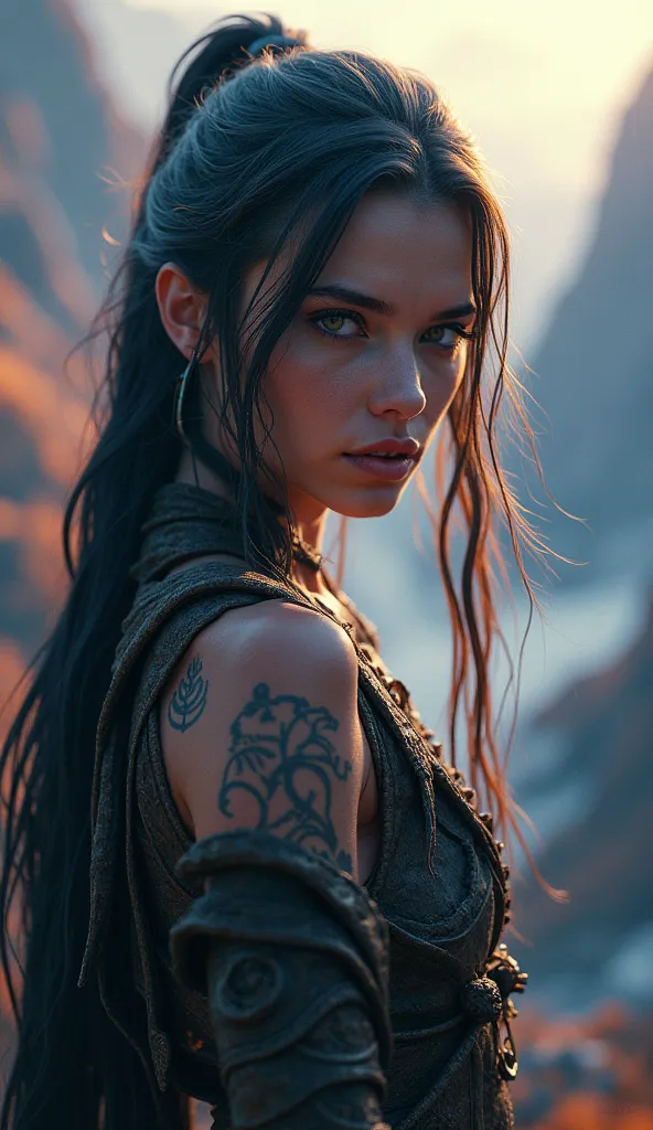 fantasy art, a mysterious land with colorful mountains, Mysterious Fog in valleys, beautiful and mysterious panoramic view, fantasy landscape, 1girl, barbarian warrior, detailed face, long hair, beautiful detailed eyes, beautiful detailed lips, extremely d...