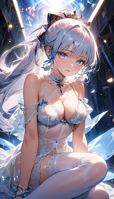 True Face、（ transparent white lingerie  :1.9）（Big Breasts:1.7）. whole body、True Face、long white hair. ponytail.（ depiction of speed and a sense of speed from below :1.3）、 dynamic poses、 movie scene、Illuminated、 steampunk. Beautiful face drawing、Depiction o...