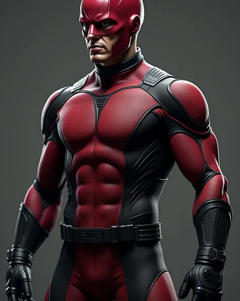 *"A hyper-realistic, cinematic full-body render of Daredevil wearing his iconic suit, designed with a blend of advanced tactical armor and sleek urban aesthetics. The suit is form-fitting, made from a combination of deep crimson red and black materials, fe...