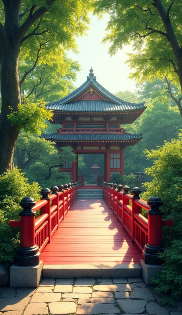 A traditional Japanese red bridge surrounded by lush green trees. The bridge has vivid vermillion railings with black ornamental pillars, and a stone-paved path leading forward. In the background, a Japanese-style building blends harmoniously with nature. ...