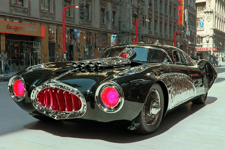 A black and chrome futuristic concept car with large red eyes and a mouth full of sharp teeth is parked on the side street in front of high-end buildings. The city is filled with neon lights, creating an atmosphere reminiscent of 1950s sci-fi movie style. ...