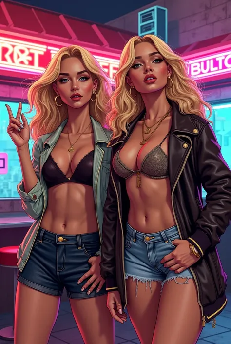 2 femmes blondes,  affiche indiquant Lorene et Ava, Affiche de style GTA, fast food, females rappers