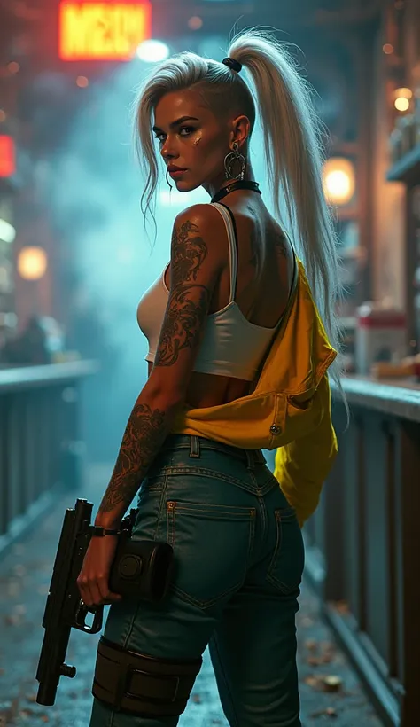 realistic photography, Cyberpunk 2020, Cyberpunk, young Rogue Amendiares from Cyberpunk 2077, full body shot , stands in a feisty and defiant pose, stands back and looks over her shoulder at the viewer, Perfect Face, Perfect body, yellow and blue cybepunk ...