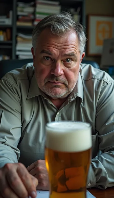 Close-up of a man's face, beer with thick foam is clearly reflected in his eyes. A man in office clothes, with visible fullness, is sitting at a desk. Attention is focused on his facial expression, with an emphasis on the details of the eyes and the reflec...