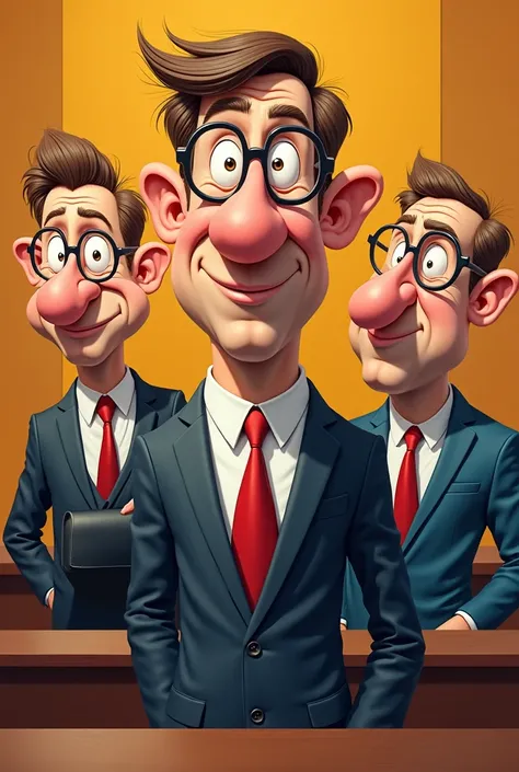 exaggerated cartoons about lawyers ,  where features such as the big nose are modified, The small head , the huge eyes 