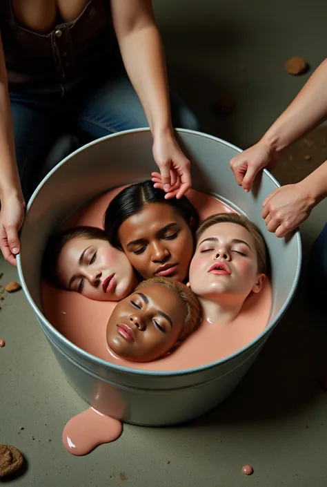 photo of three heads melting into a puddle in a bucket, three heads of different races and sexes sticking out from a puddle in a bucket, boyfriend and girlfriend are neck deep in a bucket, she is neck-deep in the skin-colored puddle in a bucket, view from ...