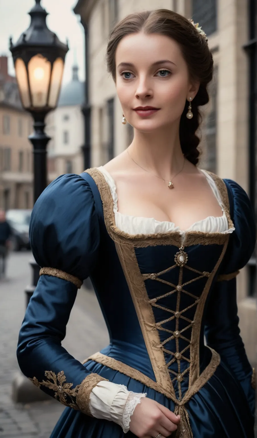 a woman in a blue dress standing on a street corner, in a high renaissance style, in a renaissance style, wearing elegant tudor clothes, historical baroque dress, wearing a noblewoman's outfit, aristocratic clothing, wearing a tudor style dress, blue corse...