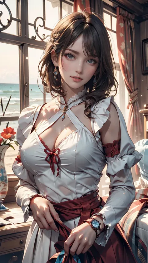  best quality,  ultra nothing,  Photorealistic,   Beautiful Woman Pictures  , 30th Generation,  detailed face,  black messy fishtail braid , ( Detailed Porcelain Doll , delicate clothes with lots of ruffles and ribbons),  beach, (closeup face),   show off ...