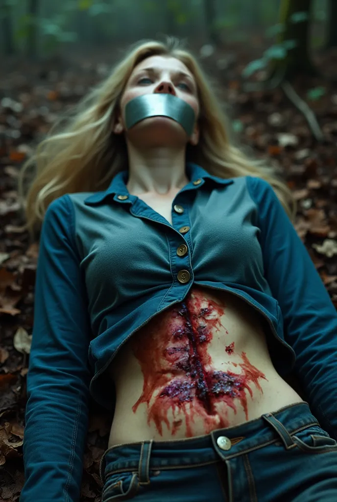 Close image of woman her mouth taped by silver duct tape long blonde hair wearing dirty blue buttoned shirt with dirty blue business jacket hands hidden in her back lying down on the ground in mist forest her belly cut wide open intestines reveals in most ...