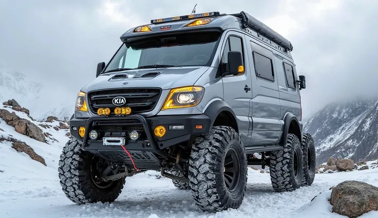 Salahuddin front bumper 
 front view with bumper of a rugged, off-road kia camper motorhome with a powerful and bold design, featuring six large, all-terrain tires and silver wheels. The motorhome is painted in vibrant sleek Silver and showcases a robust f...