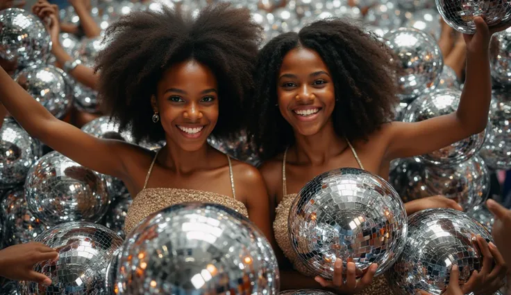 Two beautiful African twin girls handing out disco balls to a very dense mirror a lot 