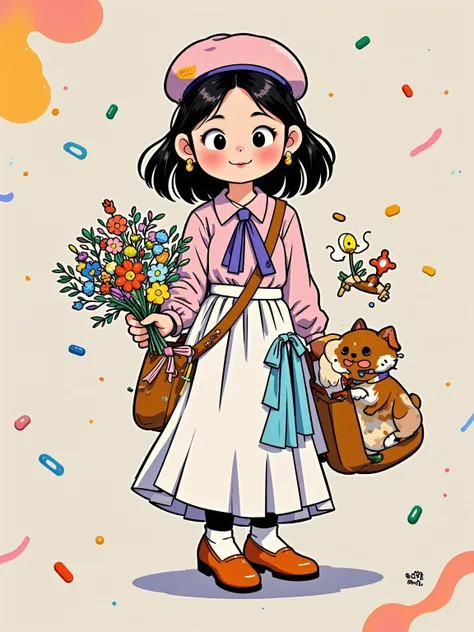  Yeoniu Choi's healing stick figure style，Cartoon illustration, solid background , a beautiful and stylish long-haired girl ,Wearing a beret ,Carrying a canvas bag,Holding a bouquet of flowers in his hand, with a dog ,Minimalism,healing illustration